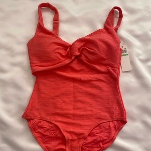 ANNE COLE Dream Weaver Twist Front Keyhole One Piece Swimsuit sz 14 Melon 17553